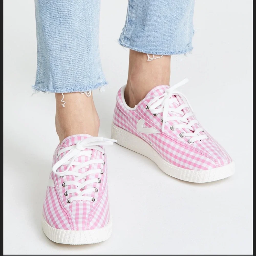Tretorn Nylite Plus Lace Up Pink Gingham Sneakers 11 Retro Classic Preppy Casual - Picture 15 of 15